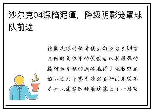 沙尔克04深陷泥潭，降级阴影笼罩球队前途